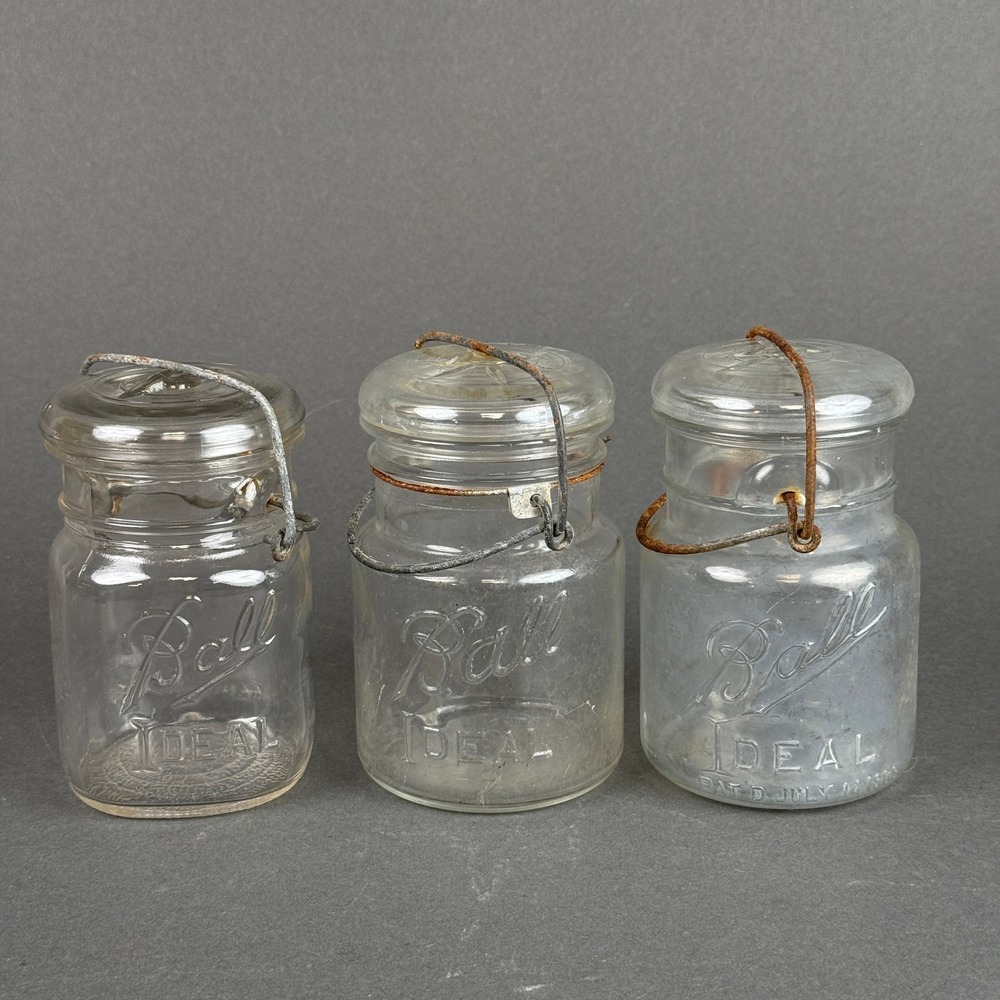 Ball Ideal Vintage Glass Canning Jars Clear Wire Bail - Lot of 3